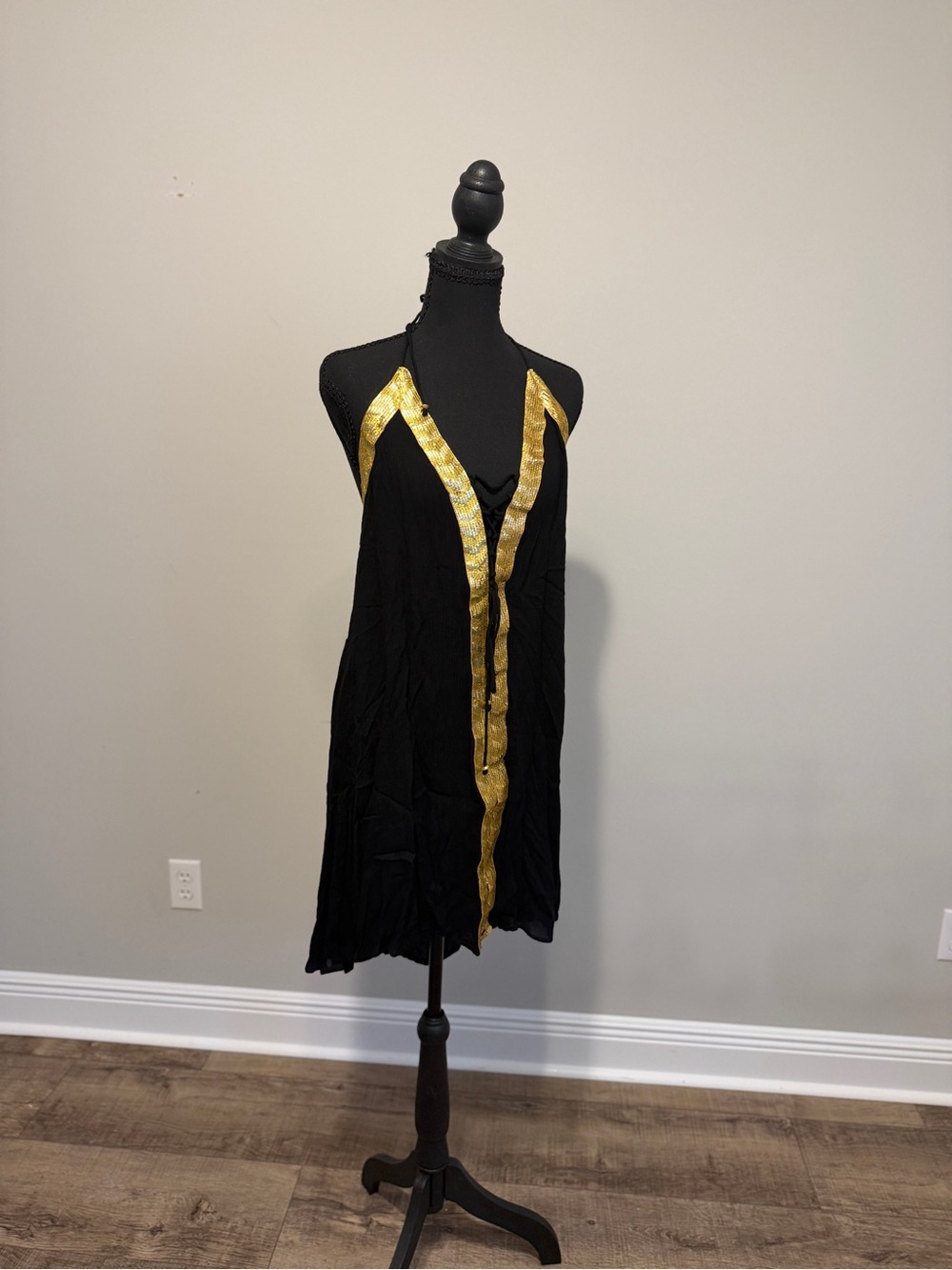 Black Halter Mini Dress with Gold Trim